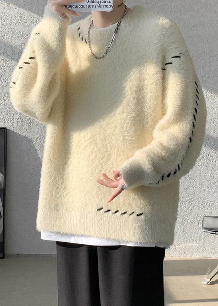 Simple Beige O Neck Solid Mink Hair Knitted Men Sweater Winter RC040 ABC