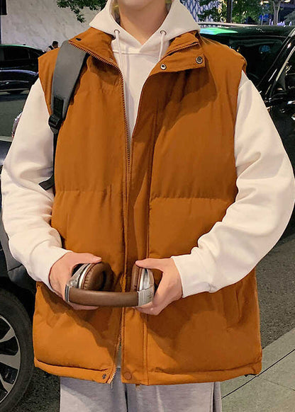 Simple Beige Stand Collar Pockets Cotton Filled Men Waistcoat Winter EQ028 ABC