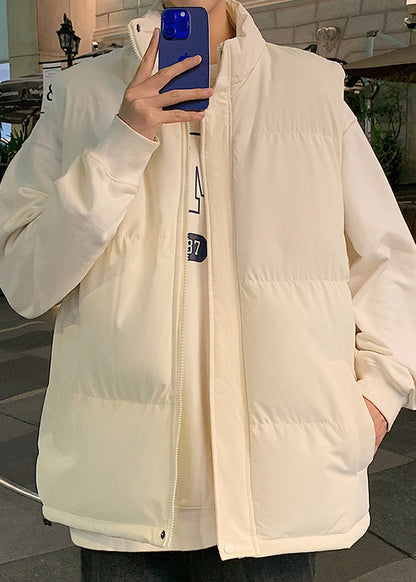 Simple Beige Stand Collar Pockets Cotton Filled Men Waistcoat Winter EQ028 ABC