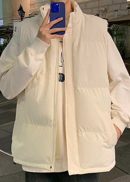 Simple Beige Stand Collar Pockets Cotton Filled Men Waistcoat Winter EQ028 ABC