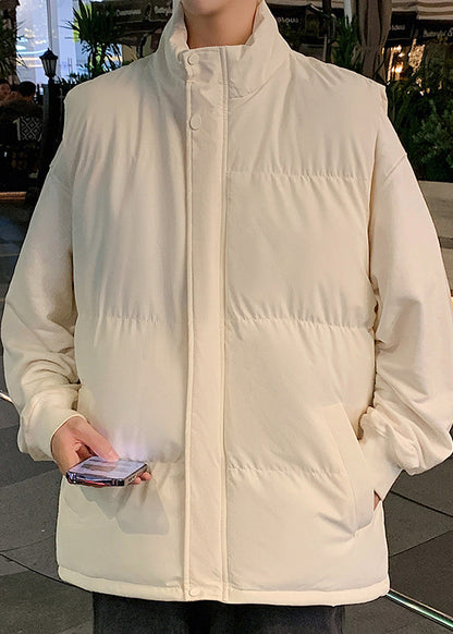 Simple Beige Stand Collar Pockets Cotton Filled Men Waistcoat Winter EQ028 ABC