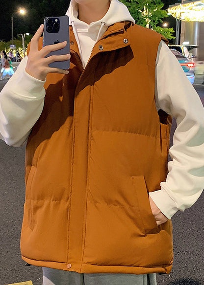 Simple Beige Stand Collar Pockets Cotton Filled Men Waistcoat Winter EQ028 ABC