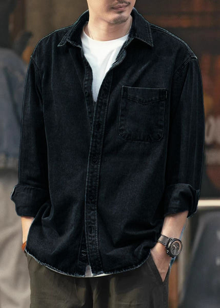 Simple Spring Men Denim Solid Button Pockets Shirts Black FashionChic