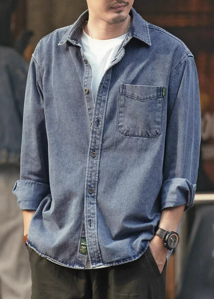 Simple Spring Men Denim Solid Button Pockets Shirts Black FashionChic