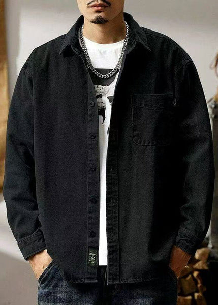 Simple Spring Men Denim Solid Button Pockets Shirts Black FashionChic