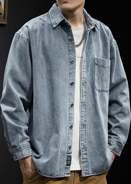 Simple Spring Men Denim Solid Button Pockets Shirts Black FashionChic