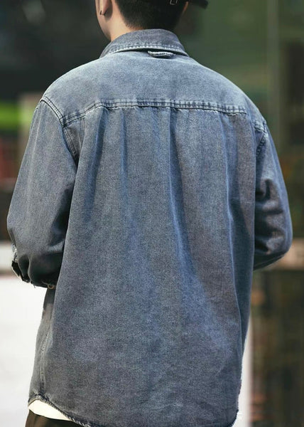 Simple Spring Men Denim Solid Button Pockets Shirts Black FashionChic