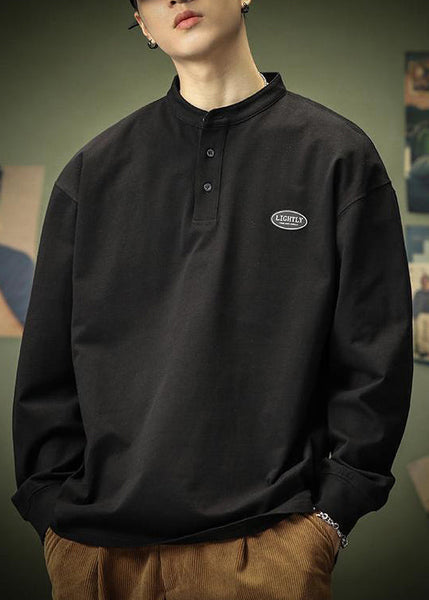 Spring T Men Shirt Cotton Solid Black Button Simple FashionChic