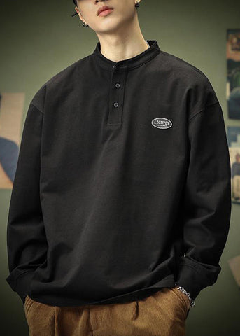 Spring T Men Shirt Cotton Solid Black Button Simple FashionChic