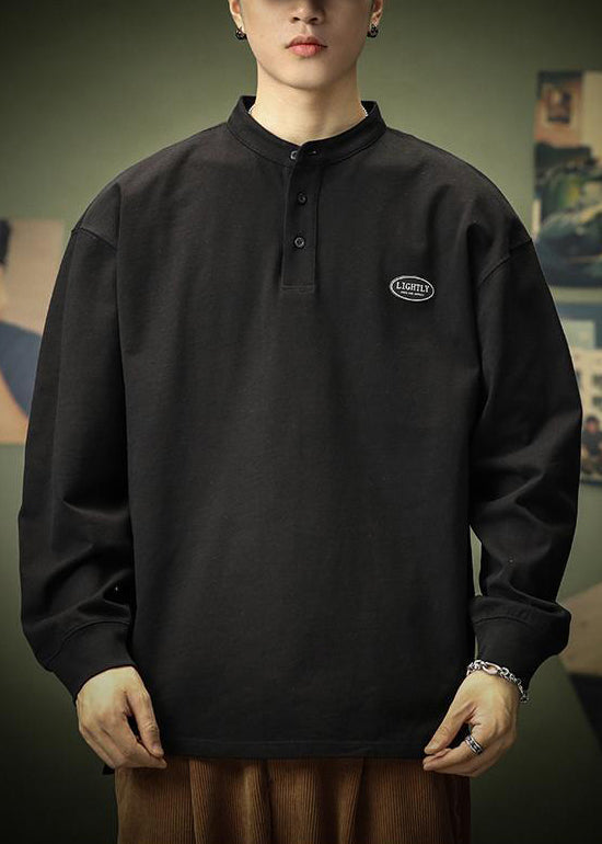 Spring T Men Shirt Cotton Solid Black Button Simple FashionChic