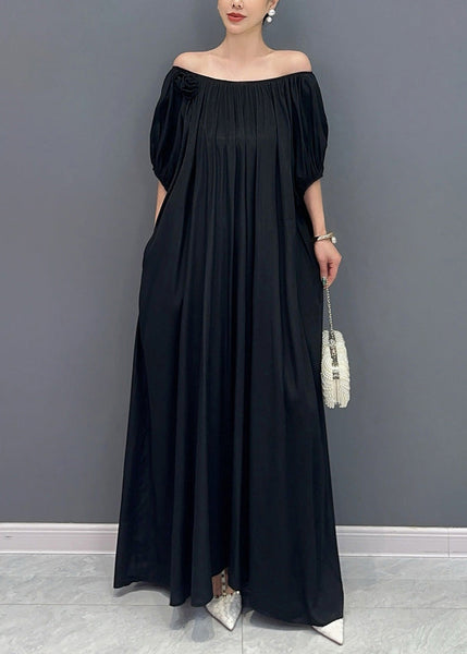 Simple Black Cold Shoulder Slash Neck Cotton Long Dress Summer AY1014 JDML-240828