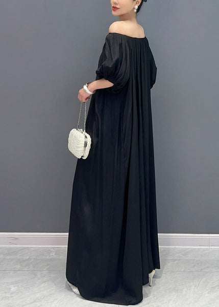 Simple Black Cold Shoulder Slash Neck Cotton Long Dress Summer AY1014 JDML-240828