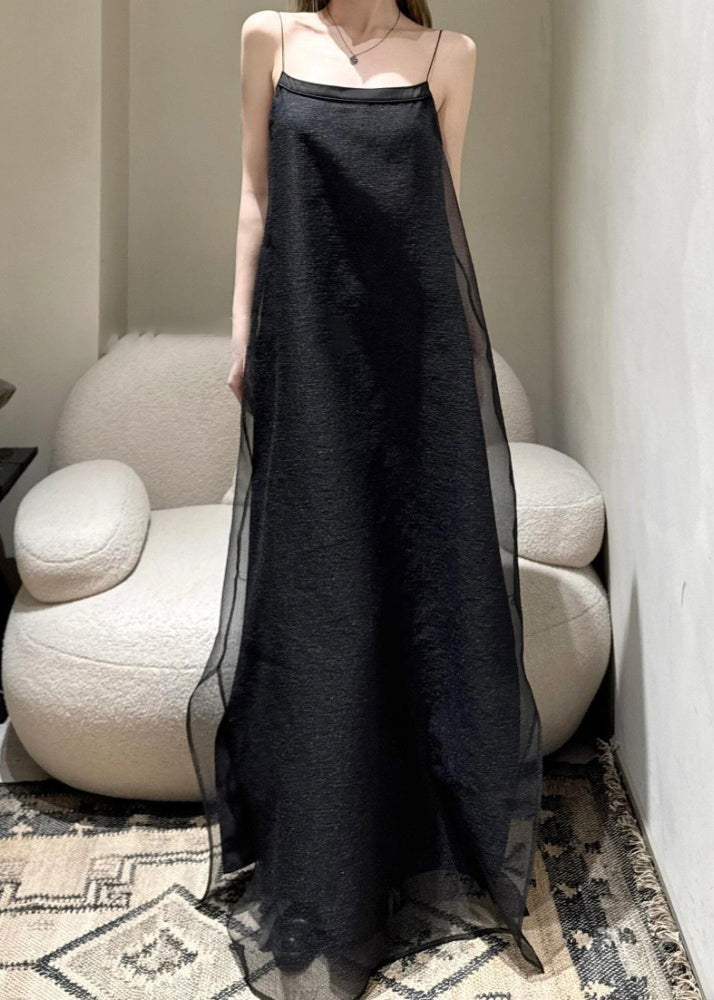 Cold Tulle Simple Solid Spaghetti Shoulder Black Dress Strap FashionChic