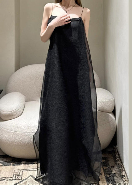 Cold Tulle Simple Solid Spaghetti Shoulder Black Dress Strap FashionChic