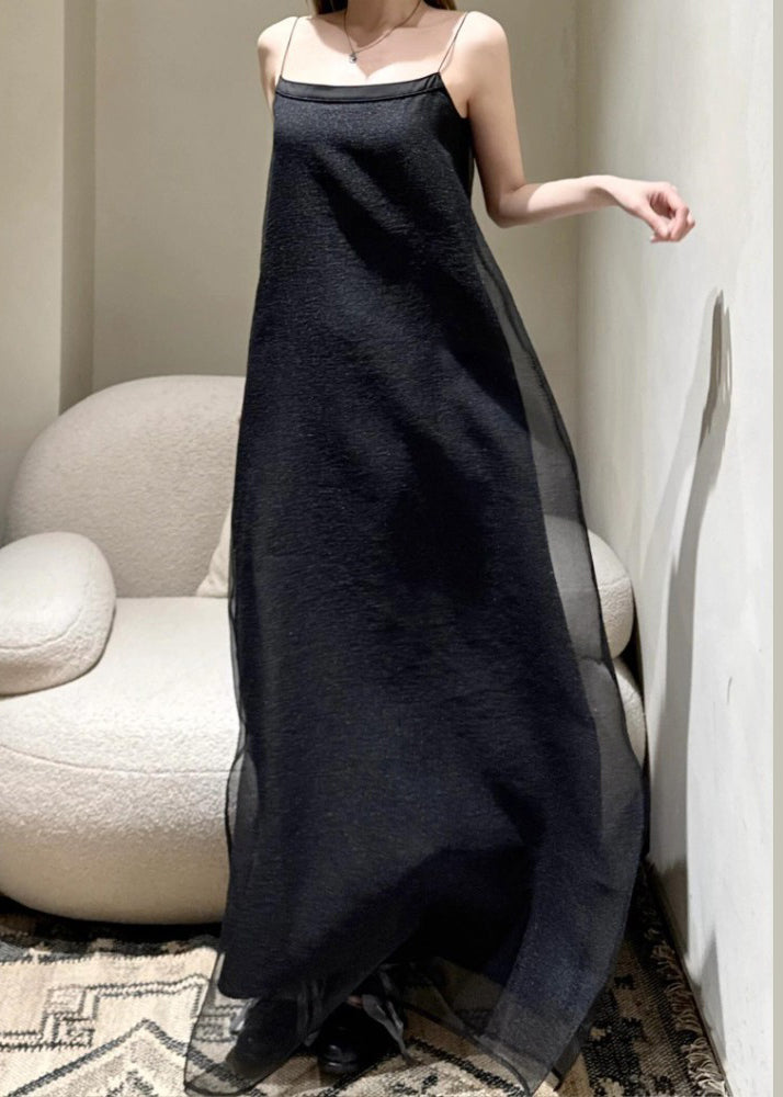 Cold Tulle Simple Solid Spaghetti Shoulder Black Dress Strap FashionChic