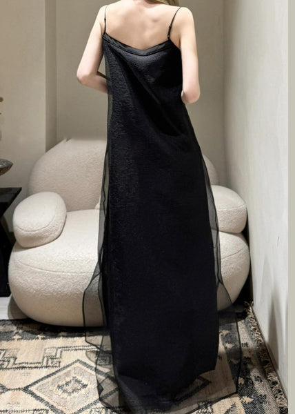 Cold Tulle Simple Solid Spaghetti Shoulder Black Dress Strap FashionChic