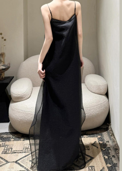 Cold Tulle Simple Solid Spaghetti Shoulder Black Dress Strap FashionChic