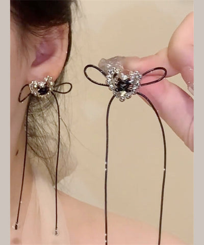Simple Black Copper Overgild Love Bow Tassel Drop Earrings YA022 ABC