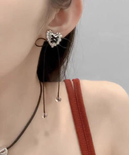 Simple Black Copper Overgild Love Bow Tassel Drop Earrings YA022 ABC