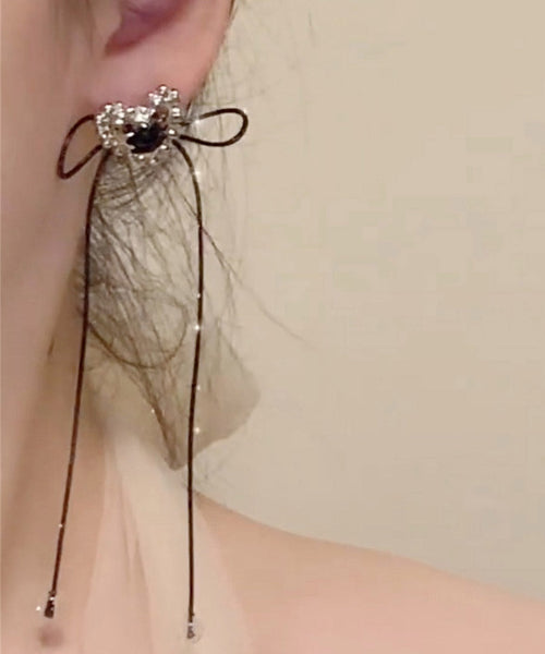 Simple Black Copper Overgild Love Bow Tassel Drop Earrings YA022 ABC