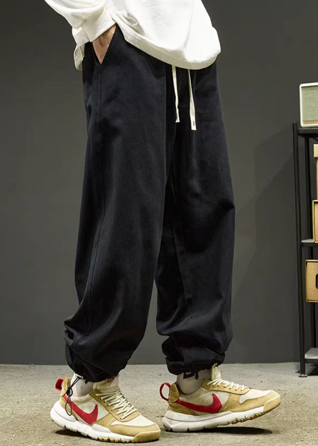 Simple Black Drawstring Solid Warm Fleece Men Beam Pants Spring RM059 ABC