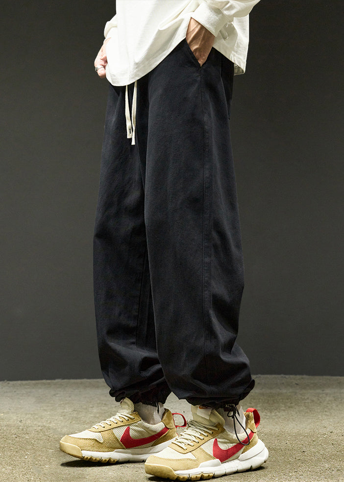 Simple Black Drawstring Solid Warm Fleece Men Beam Pants Spring RM059 ABC