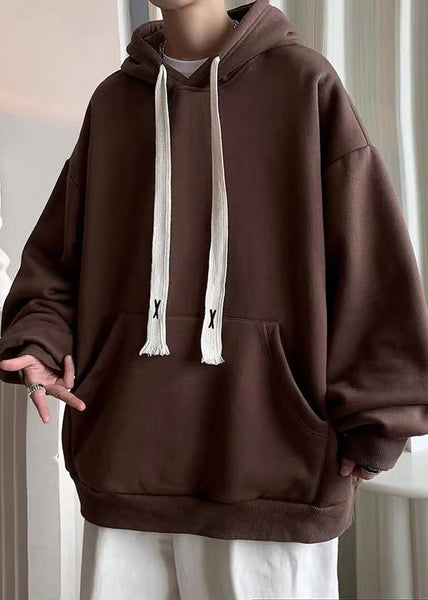 Simple Black Hooded Lace Up Pockets Cotton Men Sweatshirt Spring YQ030 ABC