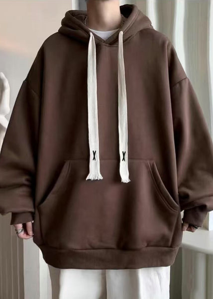 Simple Black Hooded Lace Up Pockets Cotton Men Sweatshirt Spring YQ030 ABC