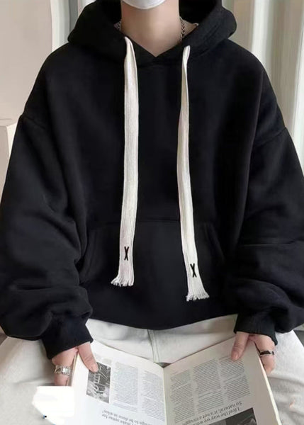 Simple Black Hooded Lace Up Pockets Cotton Men Sweatshirt Spring YQ030 ABC