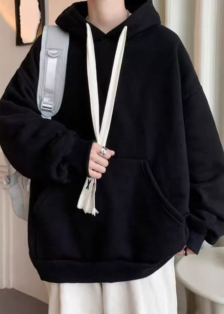 Simple Black Hooded Lace Up Pockets Cotton Men Sweatshirt Spring YQ030 ABC