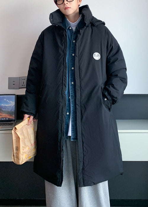 Simple Black Hooded Pockets Solid Coats Men Parkas WinterRM018 ABC