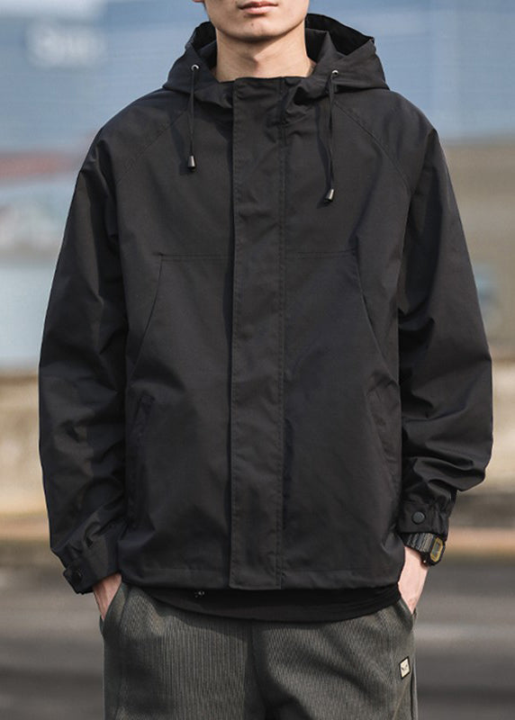 Solid Cotton Simple Hooded Black Pockets Coat Spring Men FashionChic