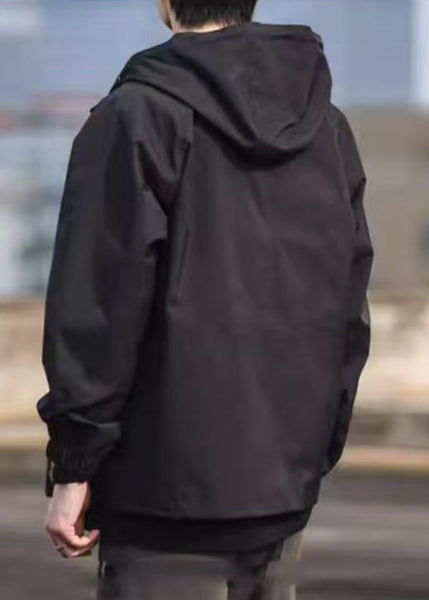 Solid Cotton Simple Hooded Black Pockets Coat Spring Men FashionChic