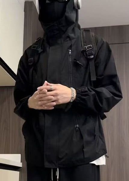 Cotton Black Oversized Zippered Simple Men Hooded Coat Spring FashionChic