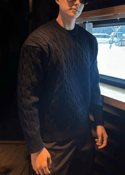 Simple Black O Neck Cable Knit Men Sweaters Spring TK013