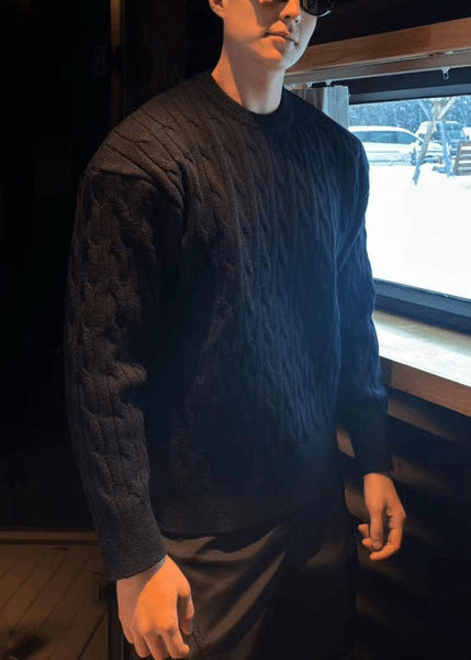 Simple Black O Neck Cable Knit Men Sweaters Spring TK013