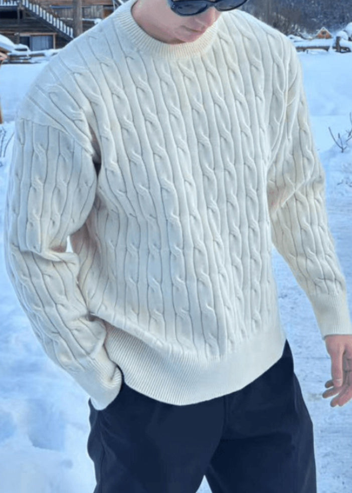 Simple Black O Neck Cable Knit Men Sweaters Spring TK013