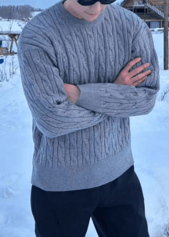 Simple Black O Neck Cable Knit Men Sweaters Spring TK013