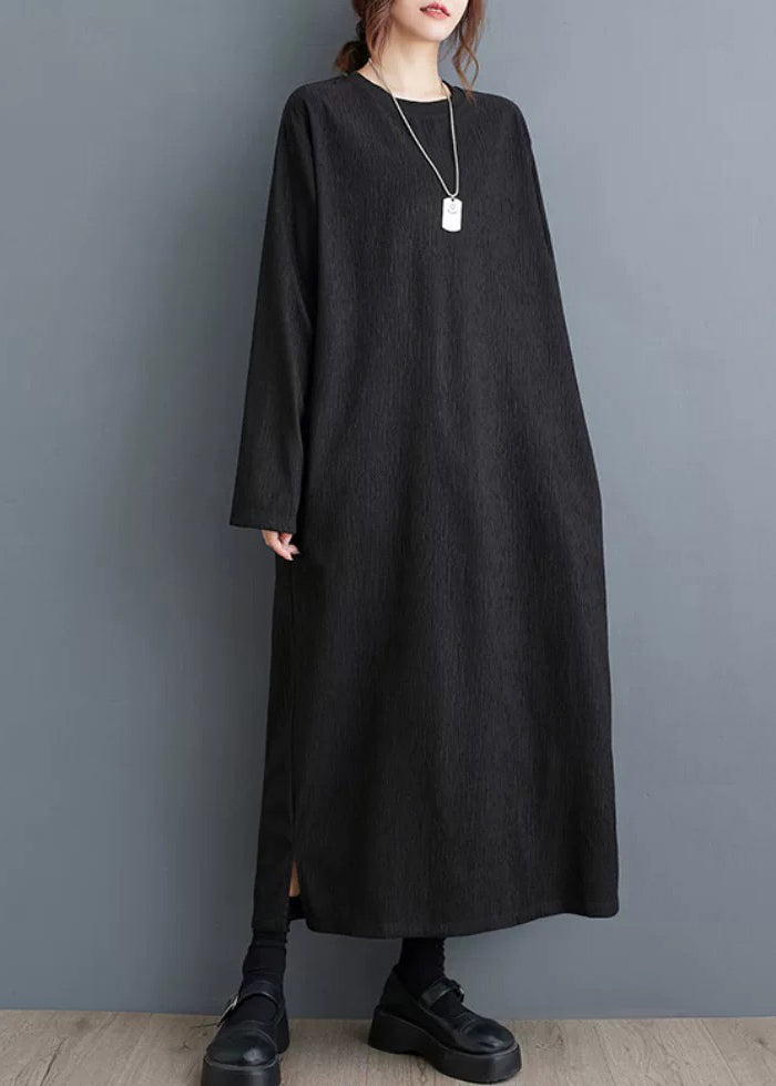 Simple Black O Neck Plus Size Cotton Long Dress Fall OO033 OM-CS240814