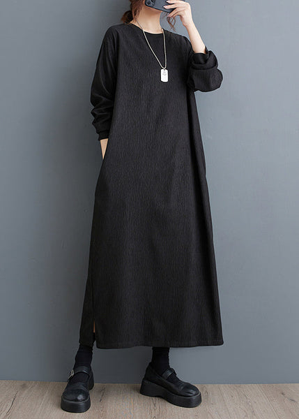 Simple Black O Neck Plus Size Cotton Long Dress Fall OO033 OM-CS240814