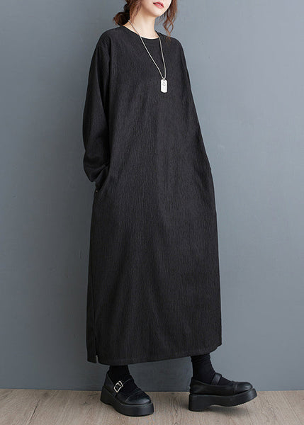 Simple Black O Neck Plus Size Cotton Long Dress Fall OO033 OM-CS240814