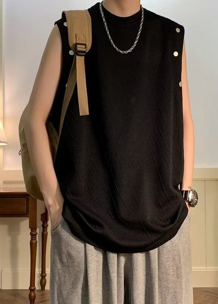 O Neck Cotton Shirts Sleeveless Men Solid Simple Black T FashionChic