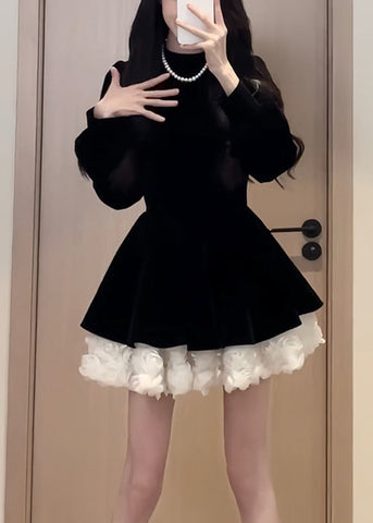 Simple Black O Neck Solid Patchwork Silk Velvet Mid Dress Spring YT036 ABC