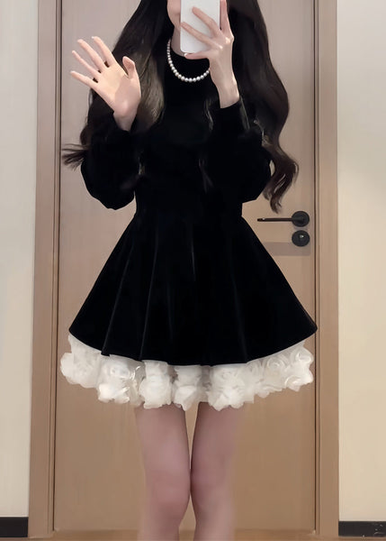 Simple Black O Neck Solid Patchwork Silk Velvet Mid Dress Spring YT036 ABC