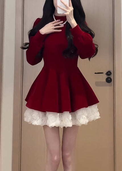 Simple Black O Neck Solid Patchwork Silk Velvet Mid Dress Spring YT036 ABC