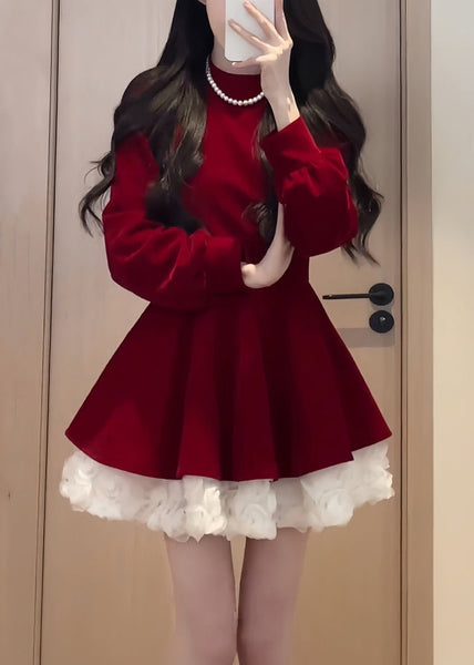 Simple Black O Neck Solid Patchwork Silk Velvet Mid Dress Spring YT036 ABC