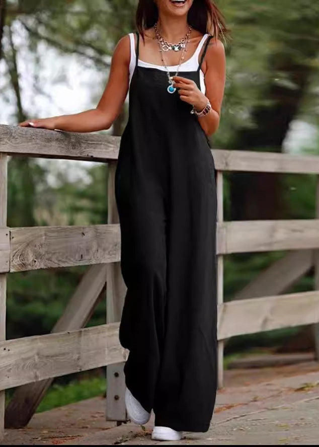 Slash Summer Jumpsuit Simple Patchwork Neck Leg Wide Black FashionChic
