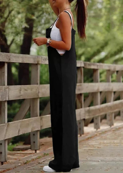 Slash Summer Jumpsuit Simple Patchwork Neck Leg Wide Black FashionChic