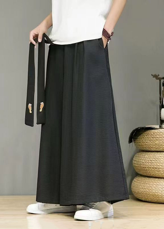 Simple Black Pockets Elastic Waist Cotton Mens Wide Leg Pants Summer SA034 Men-casual-MENP240726