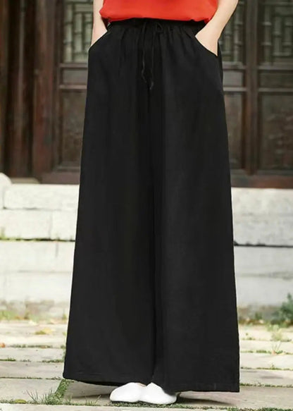 Simple Black Pockets Elastic Waist Linen Pants Summer Ada Fashion